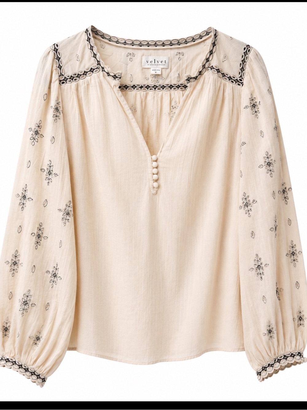 Velvet Cream Peasant Blouse with Black Floral Embroidery